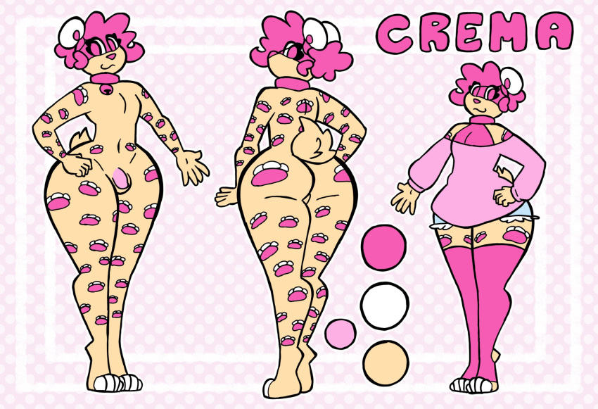 anthro ass bell bell_collar bottomwear clothing collar cremacat felid footprint front_view genitals girly hair hand_on_hip hi_res jaguar male mammal model_sheet nude pantherine pawprint penis pink_clothing pink_eyes pink_hair rear_view shorts simple_background solo standing sweater tail tail_tuft thighhighs topwear tuft