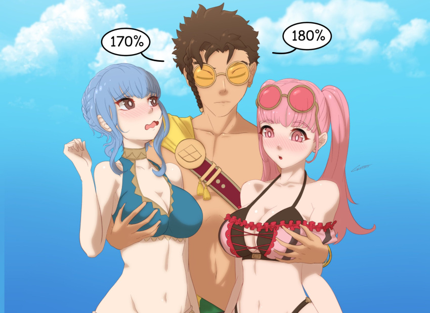 1boy 2girls alternate_costume bangs bikini blue_bikini blue_hair blue_swimsuit breast_grab breast_measuring breast_size_difference breasts brown_eyes brown_hair claude_von_riegan claude_von_riegan_(summer) cleavage commission crazzeffect double_breast_grab embarrassed female fire_emblem fire_emblem:_three_houses fire_emblem_heroes hair_bun hilda_valentine_goneril hilda_valentine_goneril_(summer) large_breasts light_blue_hair long_hair looking_up male marianne_von_edmund marianne_von_edmund_(summer) molestation navel nintendo official_alternate_costume pink_bikini pink_eyes pink_hair pink_swimsuit questionable_consent short_hair straight swimsuit tied_hair twintails wavy_mouth