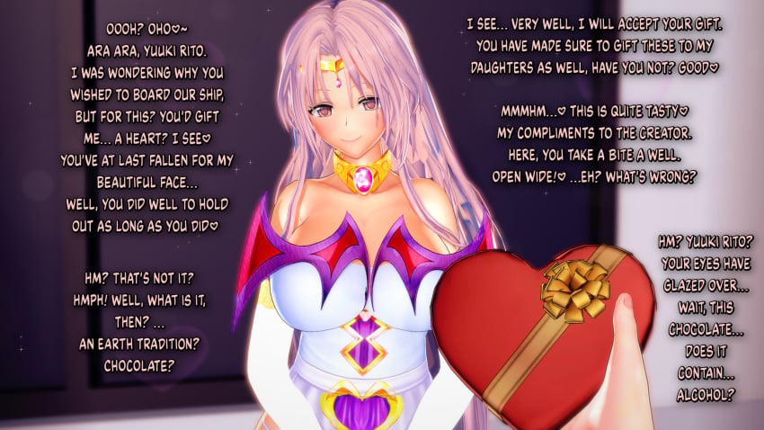 1boy 1girls 2koma 3d bare_shoulders breasts chocolate clothing collarbone dress english_text female female_focus gift heart indoors large_breasts looking_at_viewer male male_pov mature mature_female milf pink_eyes pink_hair pov sephie_michaela_deviluke shoulders smile solo_focus text to_love-ru v-kris valentine valentine's_day window yuuki_rito