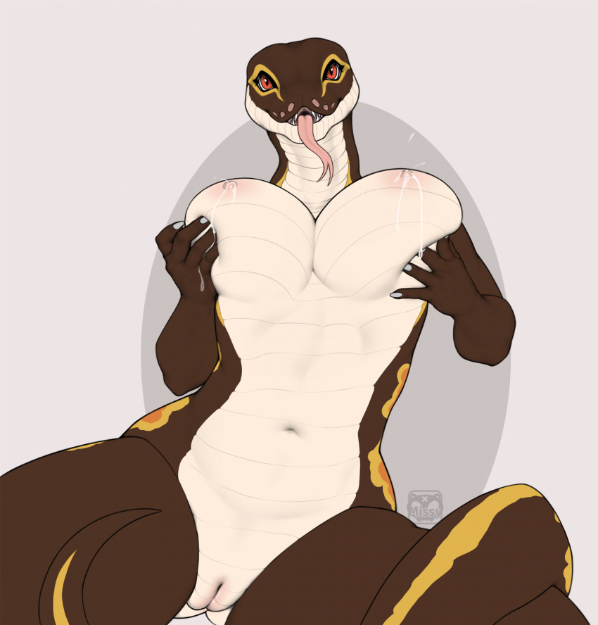 adria_(adleisio) anthro ball_python big_breasts bodily_fluids breasts breasts_squish brown_body brown_scales butt_from_the_front female forked_tongue genitals hi_res lactating milk missy_(artist) navel nipples non-mammal_breasts non-mammal_nipples pussy python python_(genus) red_eyes reptile scales scalie snake solo tongue tongue_out