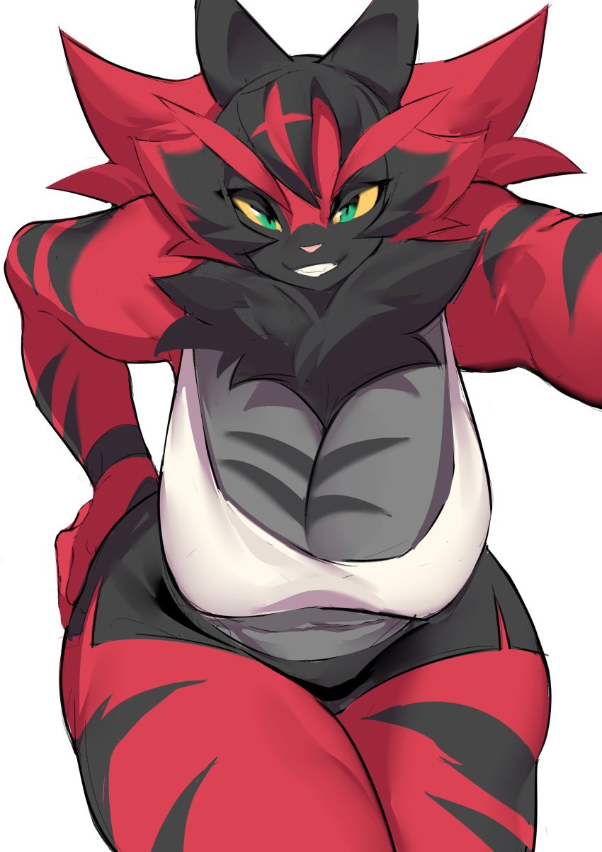 2023 anthro aspirindabaitu cleavage female_incineroar furry game_freak green_eyes huge_breasts incineroar looking_at_viewer mx99926 pokemon shorts tank_top thick_thighs tiger tiger_ears tiger_girl tiger_tail white_background wide_hips