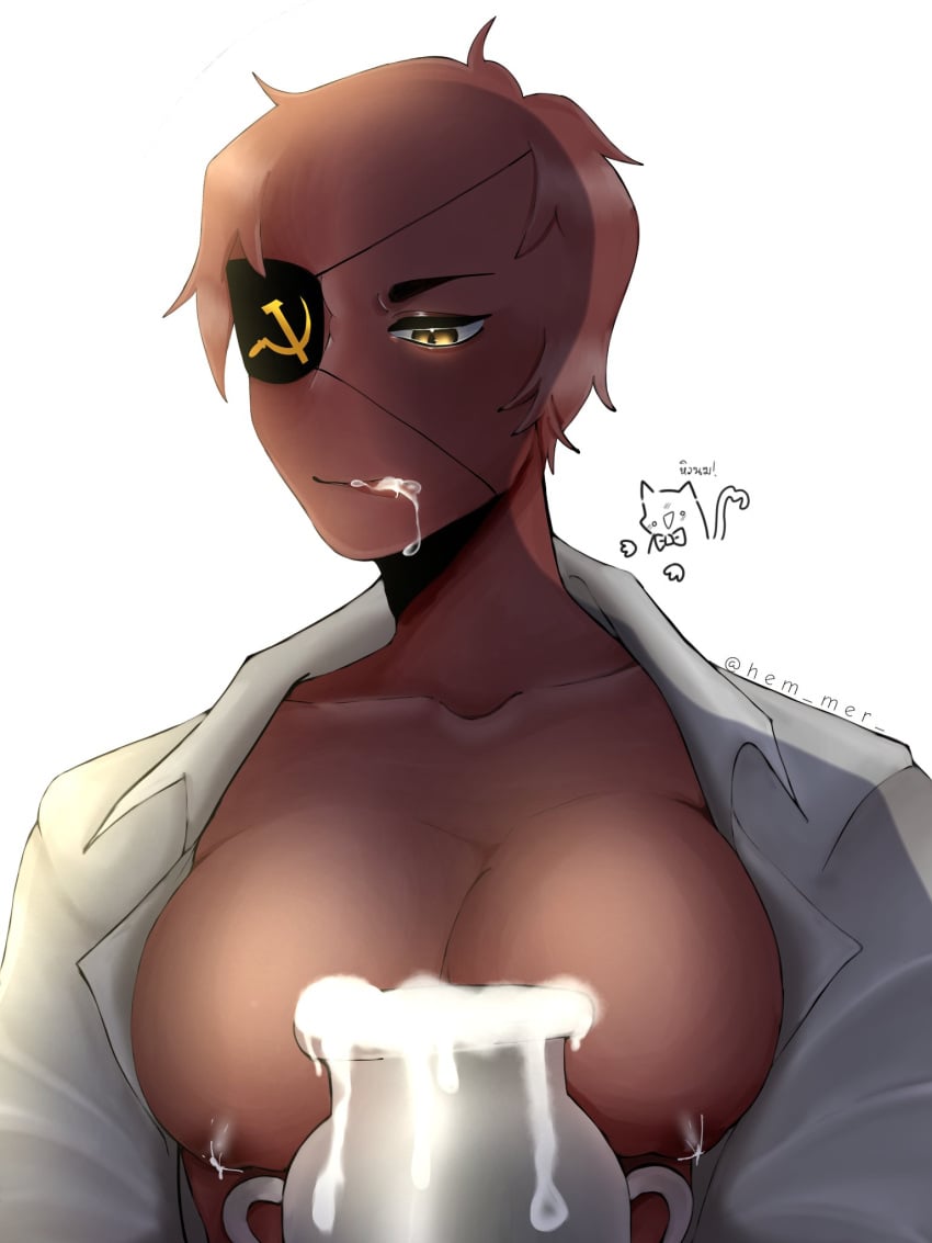 1boy big_breasts breasts container_of_milk countryhumans lactating lactating_nipples lactation male male_breasts male_only male_with_breasts milk milking soviet_union_(countryhumans) taste_of_milk tasteful