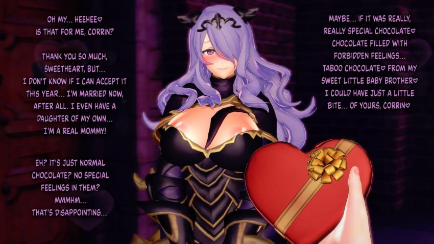 1boy 1girls 2koma 3d breasts camilla_(fire_emblem) cheating chocolate cleavage corrin_(fire_emblem) corrin_(fire_emblem)_(male) english_text female female_focus fire_emblem fire_emblem_fates gift hair_over_one_eye heart indoors large_breasts long_hair looking_at_viewer male male_pov mature mature_female milf nintendo purple_eyes purple_hair smile solo_focus text v-kris valentine valentine's_day