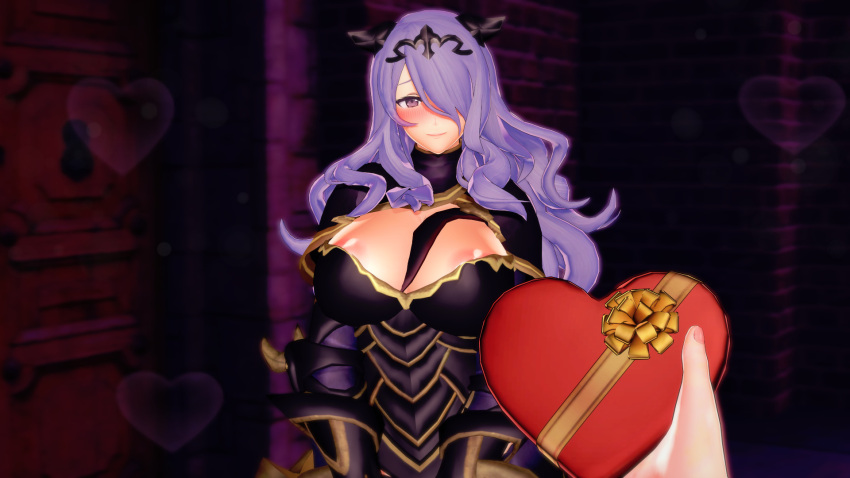 1boy 1girls 2koma 3d breasts camilla_(fire_emblem) cheating cheating_wife chocolate cleavage corrin_(fire_emblem) corrin_(fire_emblem)_(male) female female_focus fire_emblem fire_emblem_fates gift hair_over_one_eye heart indoors large_breasts light-skinned_female light-skinned_male light_skin long_hair looking_at_viewer male male_pov mature mature_female milf netorare nintendo purple_eyes purple_hair smile solo_focus v-kris valentine valentine's_day