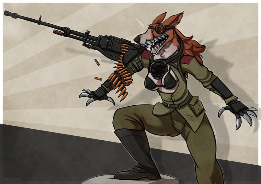 1girls 2022 anthro anthro_only armor belt black_bra boots bra breasts_out bullet casual casual_exposure claws clothing cybernetics dynamic_pose female female_only furry goggles gun highres keadonger machine_gun mechanical mechanical_arm mechanical_fixation military_uniform nipple_bulge nipples one_leg_up open_clothes open_mouth open_shirt pants red_eyes scp-1991 scp_foundation sharp_teeth shirt solo solo_female speaker tactical tactical_gear translator uniform watermark wolf wolf_ears