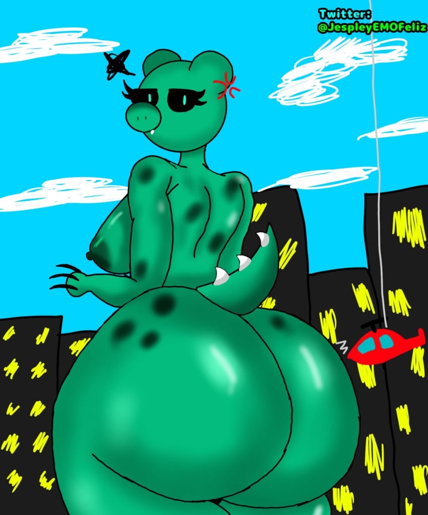 1girls anthro ass city_background dinopiggy_(piggy) dinosaur helicopter jespley jespleyelemofeliz pig piggy_(game) solo