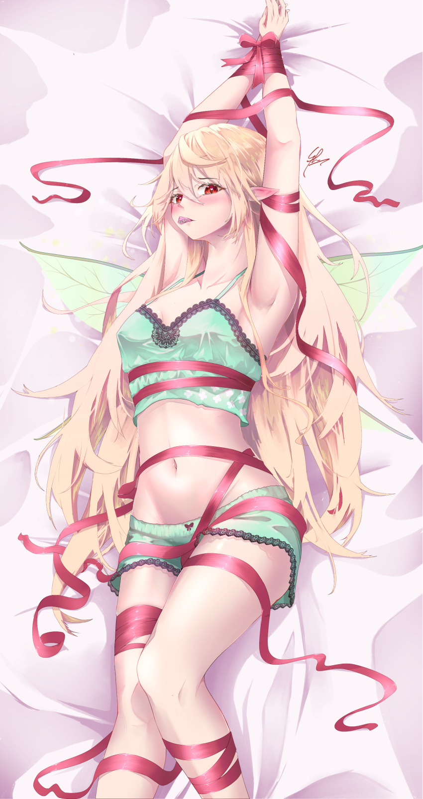 1girls armpits arms_above_head arms_tied arms_tied_above_head arms_up bare_armpits bare_midriff belly_button blonde_hair blush blushing clothed_female exposed_armpits exposed_torso fairy fairy_wings hi_res highres laying_down looking_at_viewer midriff navel nijisanji nijisanji_en object_in_mouth pointy_ears pomu_rainpuff red_eyes short_shorts shorts solo solo_female solo_focus syxh tied_arms tied_up topwear virtual_youtuber wings yellow_hair