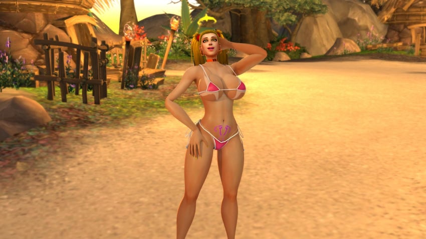 1girls 3d bikini bimbo blizzard_entertainment blonde_hair choker huge_breasts human human_(world_of_warcraft) justicaralb light-skinned_female light_skin looking_at_viewer pink_lipstick pubic_tattoo solo tattoo thick_thighs valorina_goldfield warcraft world_of_warcraft