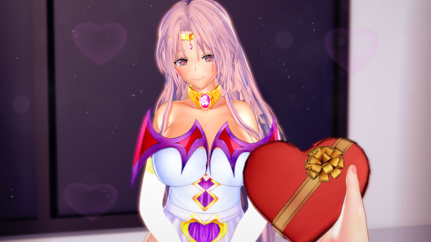 1boy 1girls 2koma 3d bare_shoulders breasts chocolate collarbone dress female female_focus gift heart indoors large_breasts looking_at_viewer male male_pov mature mature_female milf pink_eyes pink_hair pov sephie_michaela_deviluke shoulders smile solo_focus to_love-ru v-kris valentine valentine's_day window yuuki_rito