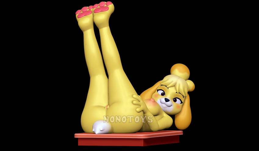 3d :3 animal_crossing anthro canid canine canis desk domestic_dog female furniture hi_res isabelle_(animal_crossing) legs_in_air mammal nintendo nipples nonotoys on_desk pawpads pink_nipples pinup pose smile table yellow_body