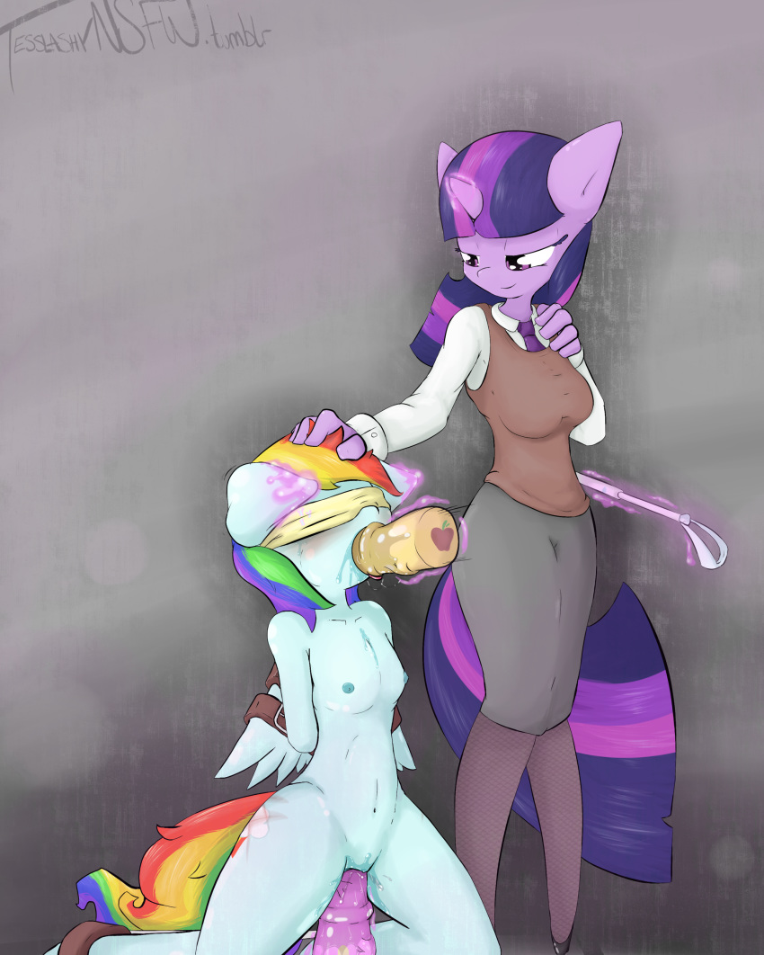 2013 anthrofied blindfold blue_fur clothing cutie_mark dildo duo english_text equine female friendship_is_magic hair horn horse insertion kneeling magic multicolored_hair my_little_pony navel nipples nude oral pegasus penetration pony purple_eyes purple_fur purple_hair rainbow_dash_(mlp) rainbow_hair riding_crop saliva sex_toy straight_hair tesslashy text twilight_sparkle_(mlp) unicorn vaginal_insertion vaginal_penetration wings yuri