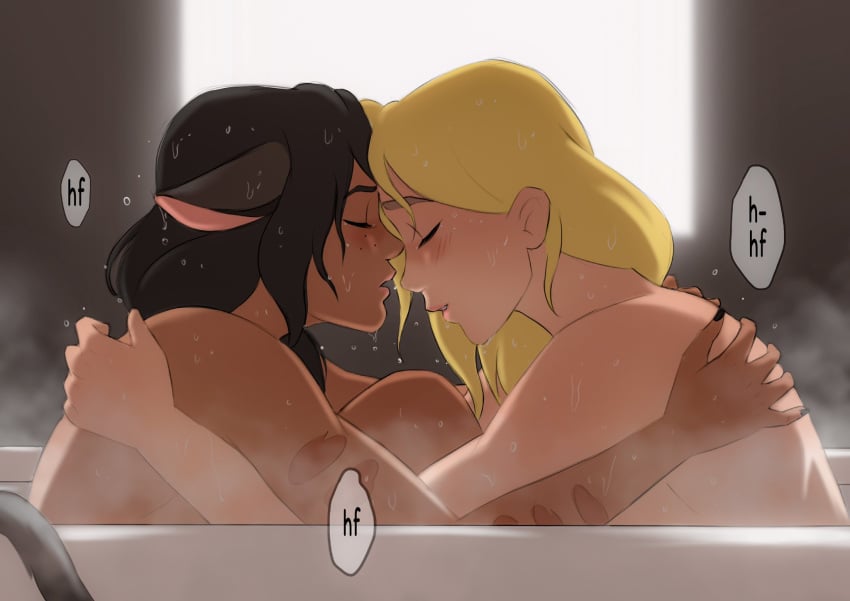 2020s 2022 2girls adora after_sex animal_ears bath bathing bathtub blonde_female blonde_hair blush brown_hair brown_tail canon_couple cat_ears cat_tail catgirl catra claws closed_eyes dark-skinned_female dark_skin duo embrace embracing embracing_each_other english_text female female_only freckles hi_res holding_each_other holding_partner human humanoid light-skinned_female light_skin long_hair medium_hair muscles muscular muscular_female nude nude_female okonomiyaky open_mouth sharing_bathtub she-ra_and_the_princesses_of_power sound_effects speech_bubble steam tail text water water_drop wet wet_hair wholesome yuri