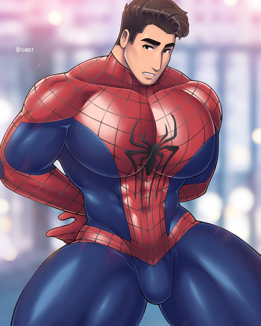 abs arms_behind_back bara bara_tiddies bara_tits barazoku big_breasts big_pecs bulge bulge_through_clothing gay ignoet male male_focus male_only marvel marvel_comics mask_removed muscle muscles muscular muscular_arms muscular_male muscular_thighs slutboy spandex spider-man spider-man_(series) superhero_costume unmasked