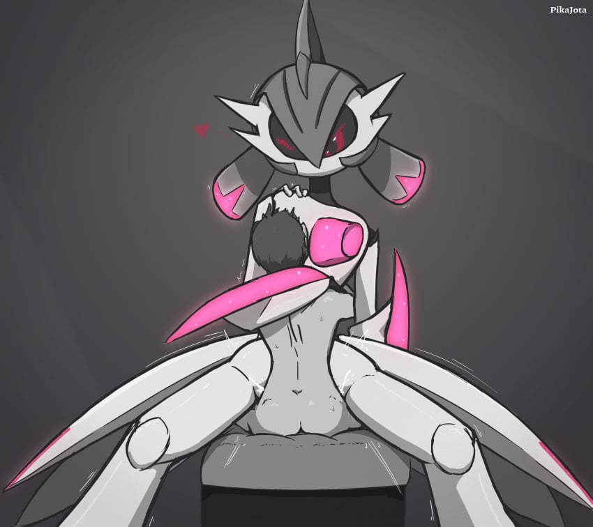 1boy 1other absurdres arm_blade ass athletic_female completely_nude cowgirl_position gardevoir hand_on_another's_shoulder heart highres hug human human_on_pokemon human_penetrating interspecies iron_valiant joints larger_female light-skinned_male monochrome nude paradox_pokemon pikajota pixel_eyes pokémon_(species) pokemon pokemon_(species) pokephilia robot robot_girl robot_joints sex sitting sitting_on_lap spot_color spread_legs straddling upright_straddle weapon