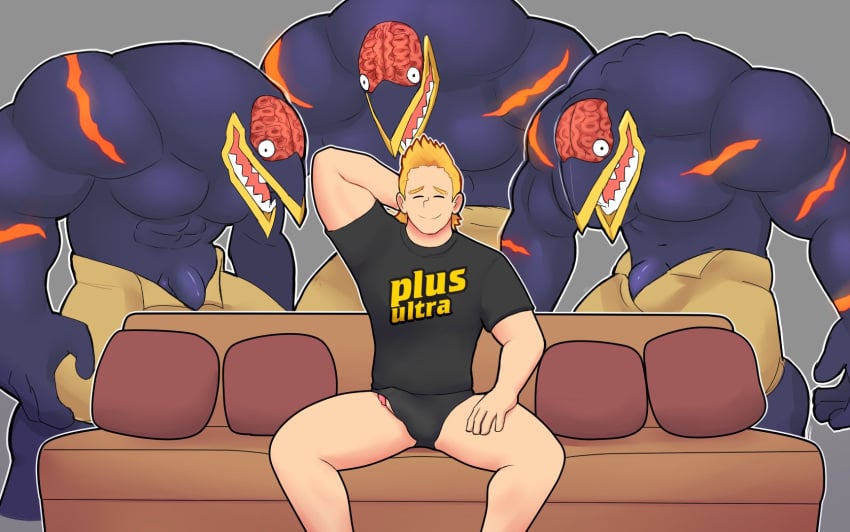 abs bara biceps blonde_hair closed_eyes embarrassed erect_penis erection_under_clothes gay group imminent_sex male_only meme mirio_togata muscular_male my_hero_academia nomu pecs piper_perri_surrounded serperoir size_difference smiling underwear yaoi