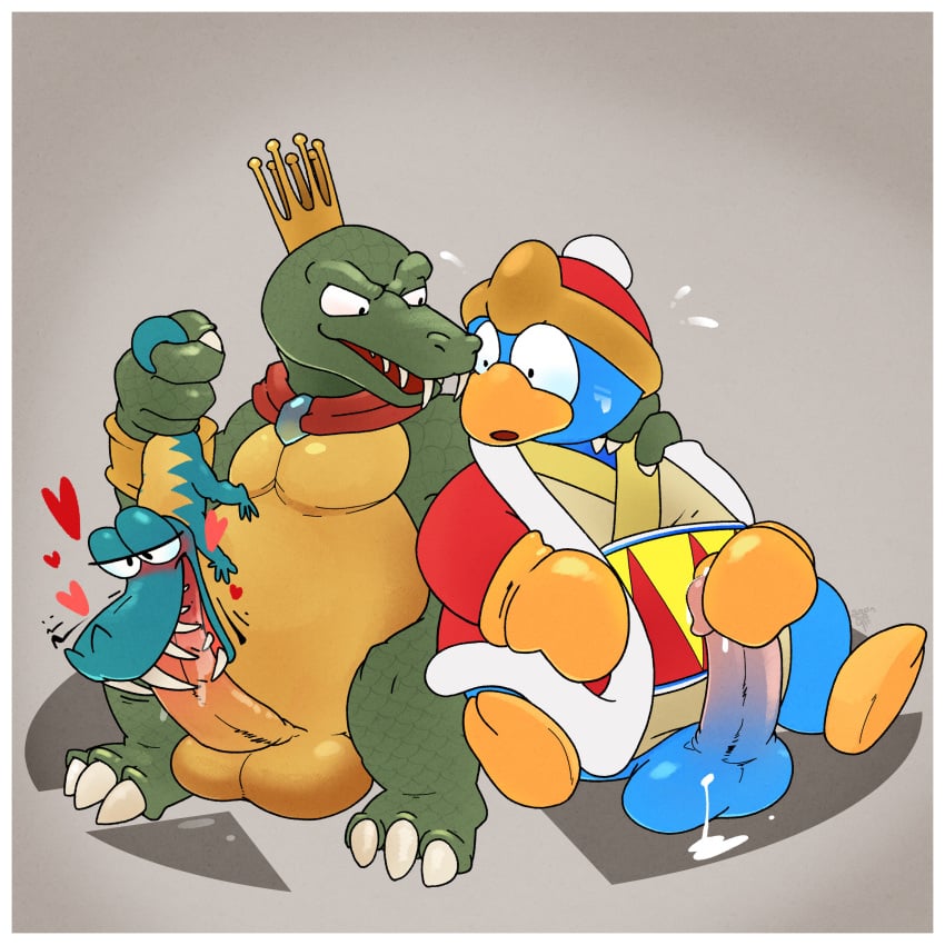 absurd_res argon_vile arm_around_shoulder avian balls belly big_penis bird bodily_fluids clothing crown cum cum_in_mouth cum_inside donkey_kong_(series) erection fellatio gay genital_fluids genitals gloves group group_sex handwear headgear heart hi_res k_rool king_dedede kirby_(series) klaptrap kremling long_penis male male/male male_only masturbation nintendo oral penguin penile penis pictographics scalie sex size_difference speech_bubble super_smash_bros. sweat tail tail_grab teeth threesome toothy_fellatio