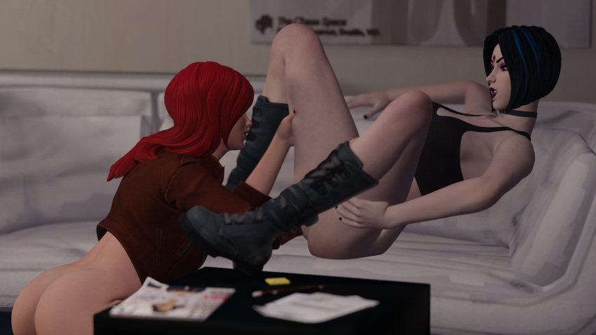 2girls blender boots couch dc dc_comics female female_only goth legs_apart marvel mary_jane_watson multiple_girls rachel_roth raven_(dc) red_hair simple_smut spider-man_(series) teen_titans yuri