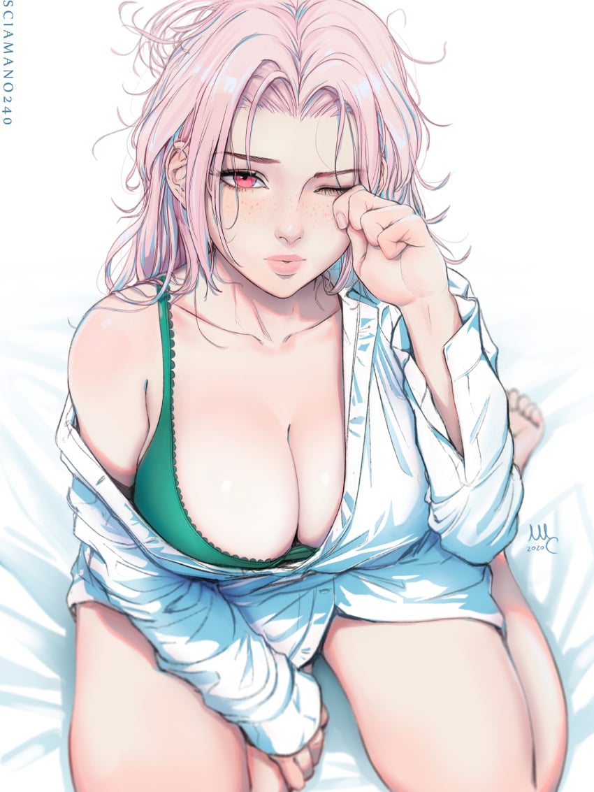 1girls bare_hips big_breasts big_lips chloe_(sciamano240) female female_only freckles green_bra green_underwear hi_res highres looking_at_viewer messy messy_hair mirco_cabbia oc original original_character pink_eyes pink_hair sciamano240 sleepy solo solo_female solo_focus white_background white_shirt wide_hips