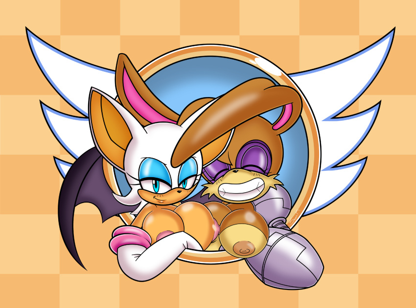 archie_comics big_breasts breasts bunnie_rabbot clothed clothing cybernetic_arm cybernetic_limb female female/female hi_res mobian_monster rouge_the_bat sega smile sonic_(series) sonic_the_hedgehog_(archie) sonic_the_hedgehog_(comics) sonic_the_hedgehog_(series) topless wings