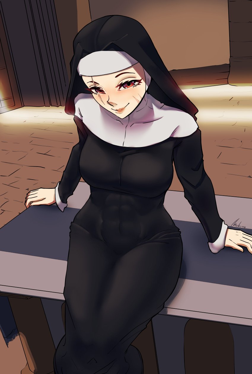 church fit_female looking_at_viewer mokimolewds nun scars seductive seductive_smile sitting smirk smirking_at_viewer sunset