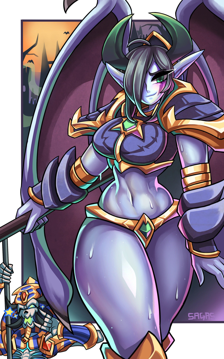 big_breasts big_thighs blizzard_entertainment breasts burning_legion demon demon_girl demon_horns demon_wings demoness dreadlord dreadlord_jaina female female_focus glistening glistening_body glistening_skin green_eyes hair_over_one_eye heroes_of_the_storm horn horns jaina_proudmoore kel'thuzad long_ears nathrezim sagas smile smiling sweat sweating sweaty sweaty_body thighs warcraft wings world_of_warcraft