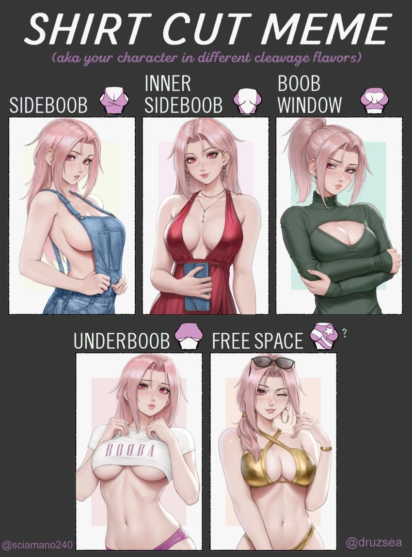 1girls big_breasts chloe_(sciamano240) female female_only glistening_breasts looking_at_viewer meme mirco_cabbia oc original original_character pink_eyes pink_hair sciamano240 shirt_cut_meme solo solo_female solo_focus wide_hips