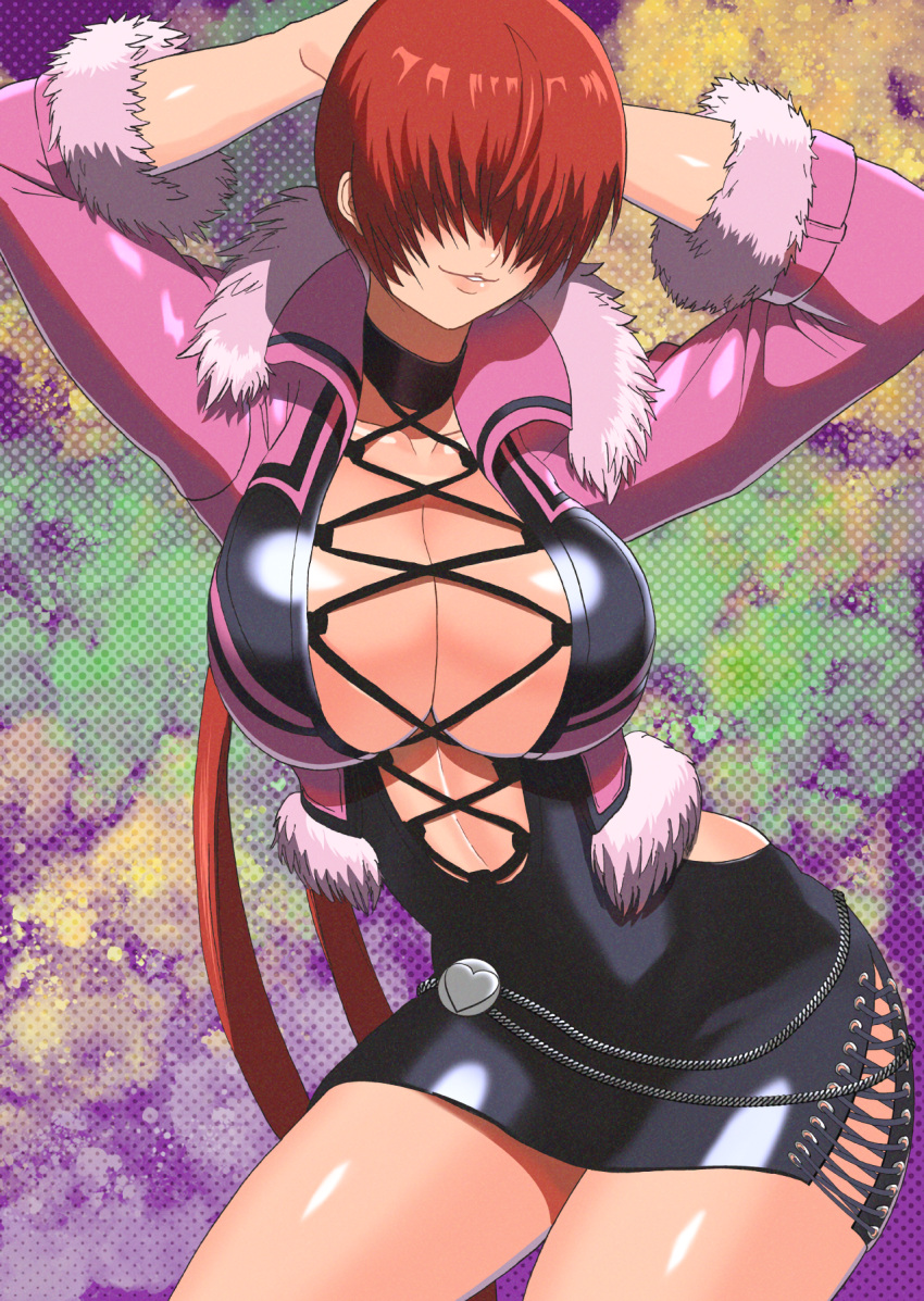 1girls akisu_k arms_behind_head big_breasts breasts busty cleavage dress faceless faceless_female female female_only hair_over_eyes highres jacket king_of_fighters king_of_fighters_xv large_breasts legs long_hair low_ponytail open_clothes open_jacket parted_lips pose posing red_hair seductive seductive_smile sensual shermie_(kof) smile snk solo thick_thighs thighs