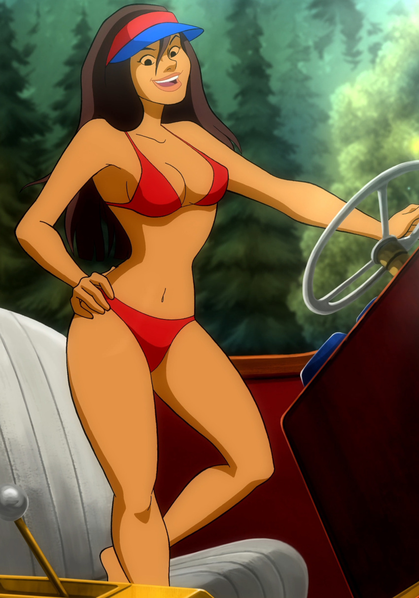 1girls :d barefoot bikini boat breasts camp_scare female female_only hand_on_hip highres jessica_(camp_scare) looking_at_viewer medium_breasts navel non-web_source open_mouth red_bikini scooby-doo scooby-doo!_camp_scare screencap smile solo standing steering_wheel swimsuit thighs watercraft