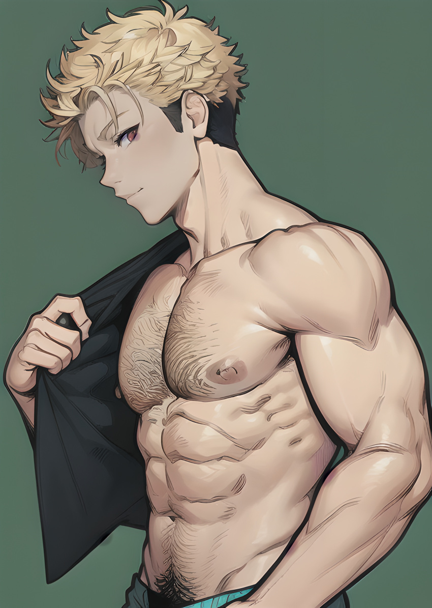 1boy abs ai_generated bara black_shirt blonde_hair chest_hair closed_mouth green_background large_pectorals looking_at_viewer male_focus male_only male_pubic_hair male_underwear muscular muscular_male navel navel_hair nipples pectorals pubic_hair shirt short_hair simple_background smile solo stable_diffusion underwear undressing