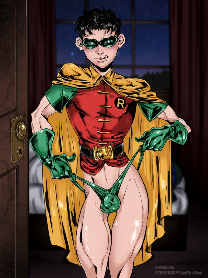 batman_(series) big_bulge bulge dc dc_comics huge_bulge jason_todd justthemeat/meat2go licking_lips male male_only masked muscles muscular muscular_male penis_outline robin_(dc) robin_(jason_todd) superhero teasing teen_boy thong