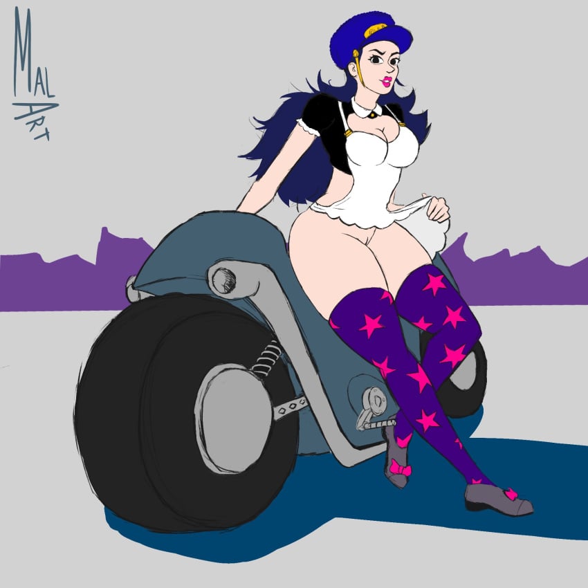 apron big_breasts big_thighs blue_hair hat jojo's_bizarre_adventure jojolion kei_nijimura lifting_apron looking_at_viewer magenta_lipstick maid maid_uniform malart motorcycle no_panties outdoors outside sitting sitting_on_motorcycle smile smiling smiling_at_viewer stockings thick_thighs thighhighs uncensored