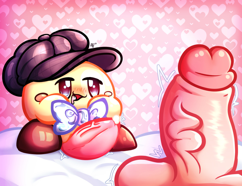 animal_genitalia bed big_penis blue_bow blue_eyes blush bow brown_boots brown_shoes cap cum hat kirby kirby_(series) penis pink_background puffylover69 waddling_head white_bed yellow_skin