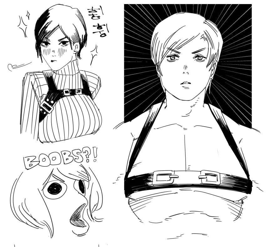 1boy 1girls ada_wong ada_wong_(adriana) ashley_graham ashley_graham_(ella_freya) bara_tiddies bara_tits big_breasts black_and_white breasts breasts_out canon_couple capcom female humor leon_scott_kennedy male male_focus male_tits meme monochrome pecs pectorals pog poggers resident_evil resident_evil_4 resident_evil_4_remake sketch xyanaid