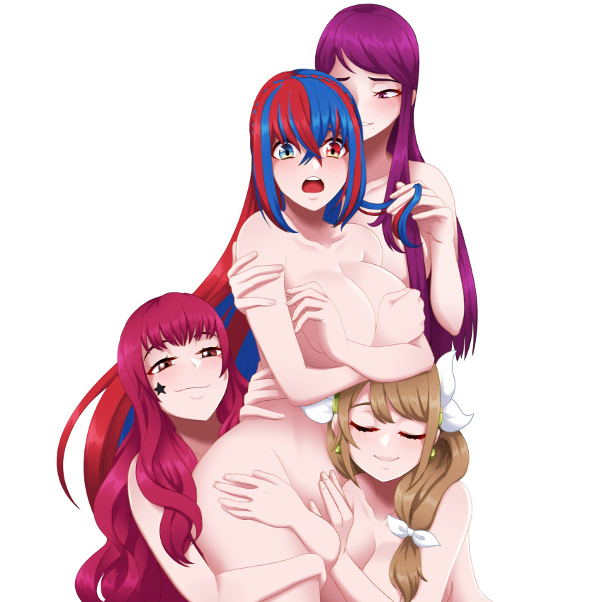 4girls alear_(female)_(fire_emblem) alear_(fire_emblem) arms_around_breasts blue_eyes blue_hair blush brown_hair covering covering_breasts embarrassed female female_only fire_emblem fire_emblem_engage goldmary_(fire_emblem) group_hug hair_over_shoulder hand_on_shoulder hand_through_hair hands_on_breasts incognigoat ivy_(fire_emblem) large_breasts leg_hug long_hair multicolored_hair multiple_girls nintendo purple_hair red_eyes red_hair sticker_on_face white_background worship yunaka_(fire_emblem) yuri