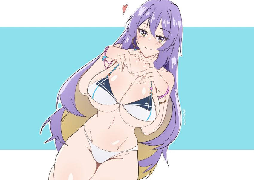 bikini blonde_hair breasts cleavage colored_inner_hair earrings female hair_between_eyes heart heart_hands highres hololive hololive_indonesia hololive_indonesia_area_15 jewelry large_breasts long_hair looking_at_viewer moona_hoshinova multicolored_hair myumi navel purple_hair simple_background smile solo swimsuit virtual_youtuber