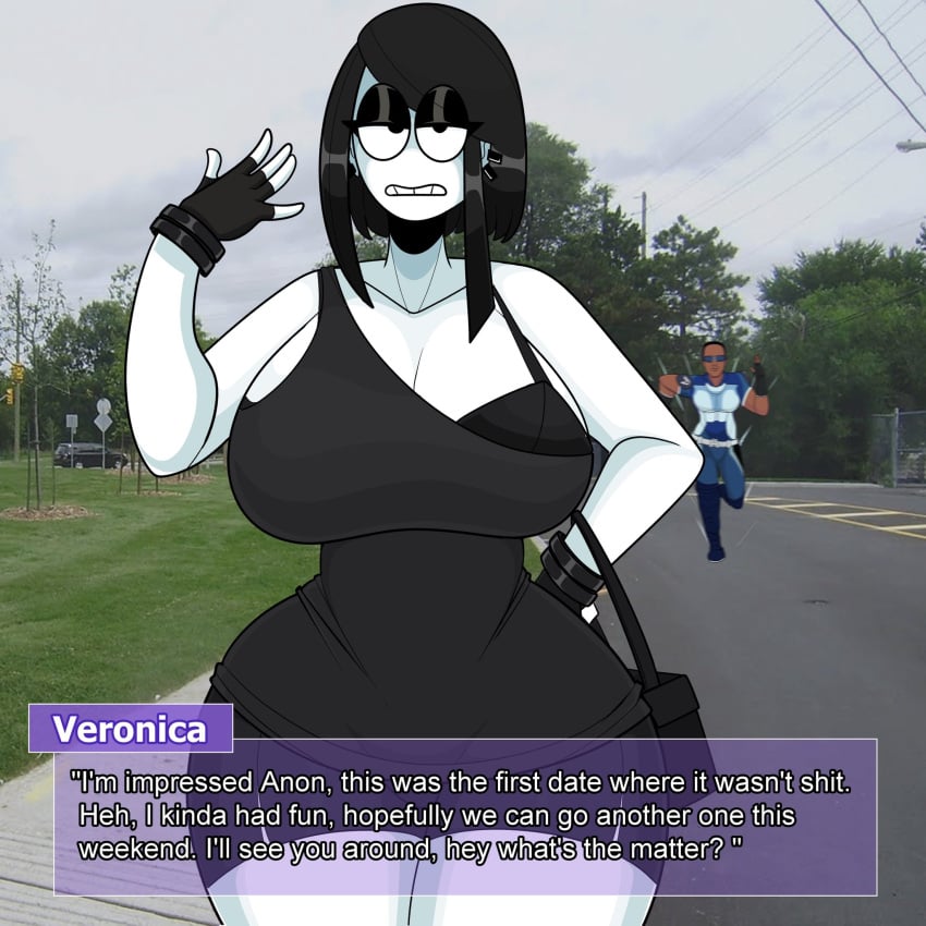 1boy 1girls a-train amazon_prime big_breasts breasts clothed clothed_female clothed_male dark-skinned_male dark_skin female female_focus fingerless_gloves fully_clothed gloves goth goth_girl imminent_death male meme running saltynoodles tagme talking_to_viewer text_box the_boys veronica_(saltynoodles)