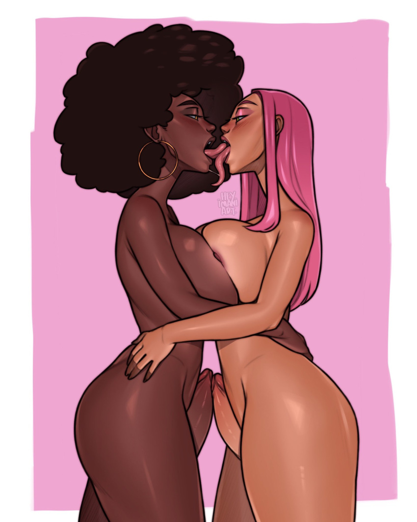 2futas abeni_(dswizz333) afro big_breasts black_hair breast_press breasts breasts_to_breasts dark-skinned_futanari dark_skin duo earrings futa_on_futa futa_only futanari heyimaniart hi_res hoop_earrings human kissing long_hair long_tongue narrowed_eyes nipples nude nude_futanari olive_skin open_mouth penis penis_on_penis pink_hair sasha_(dswizz333) side_view standing tan tongue_kiss tongue_out