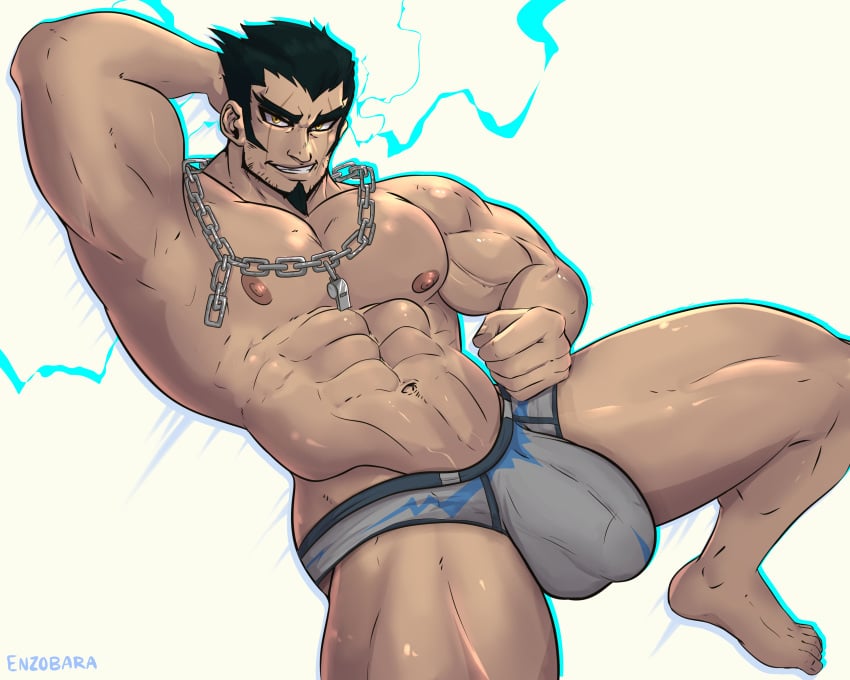 balls bara big_bulge bulge chains danganronpa enzobara facial_hair goatee hand_behind_head male male_only muscles muscular nidai_nekomaru penis scar_across_eye scars solo solo_male spread_legs super_danganronpa_2 underwear underwear_only