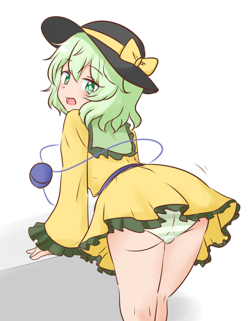 big_ass black_hat fully_clothed green_eyes green_hair koishi_komeiji legs presenting_hindquarters sunhat touhou visible_panties water_noodle yellow_dress