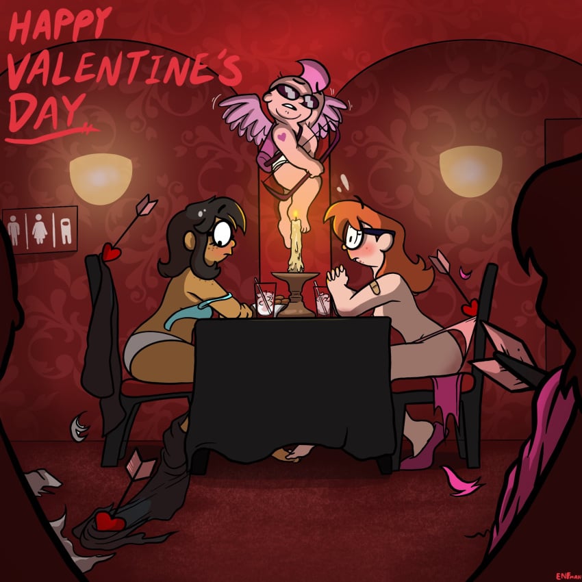 breasts cupid cupid's_arrow embarrassed female footsie jenn_(lilshrimpee) kimmy_kahl multiple_girls nude theenfman torn_clothes valentine's_day yuri