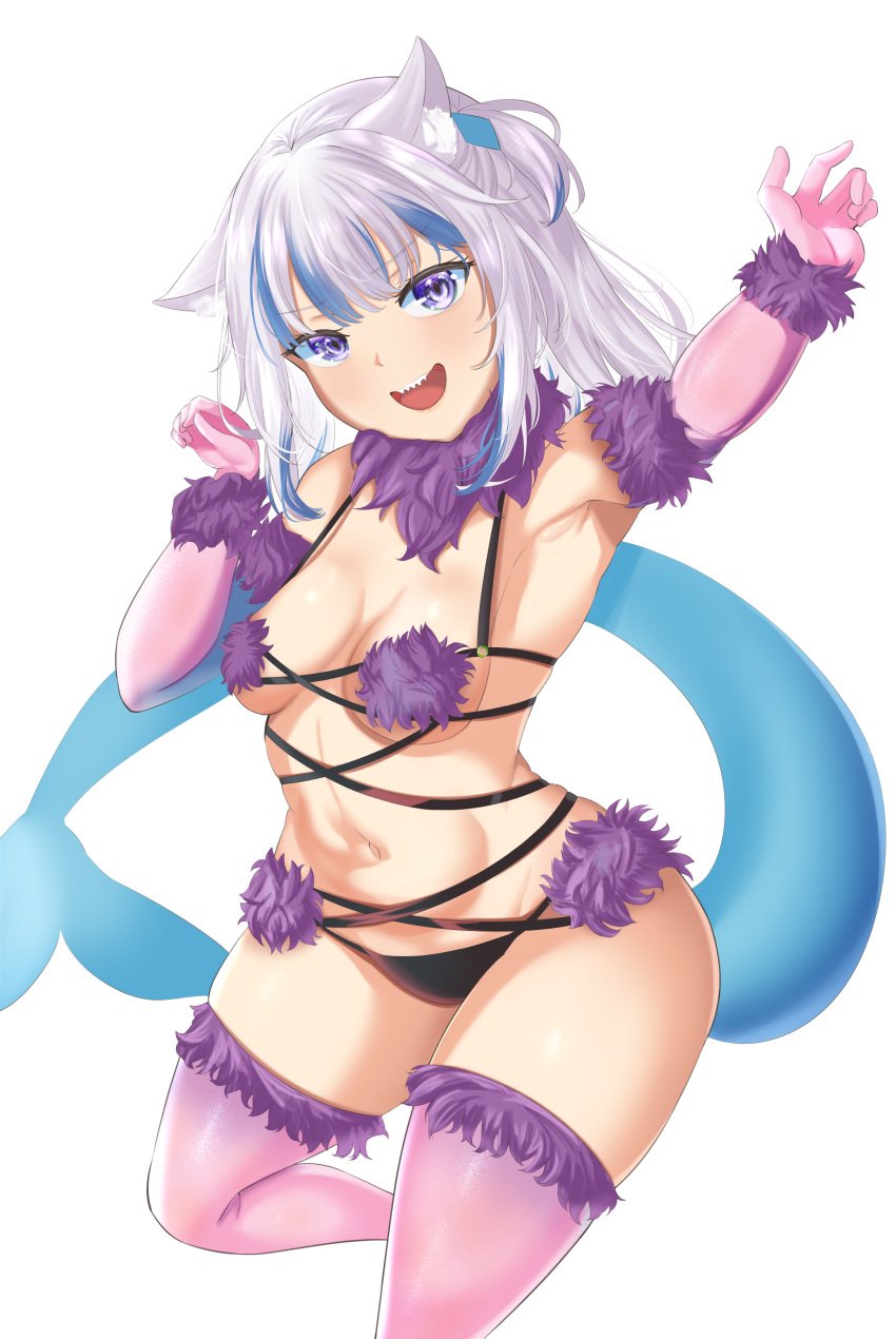 1girls alternate_costume animal_ears armpits arsleid blue_eyes cat_ears dangerous_beast female flat_chest fur_bikini gawr_gura hololive hololive_english hololive_myth looking_at_viewer mash_kyrielight_(dangerous_beast)_(cosplay) medium_hair revealing_clothes sharp_teeth small_breasts solo stomach thighhighs thighs virtual_youtuber white_hair