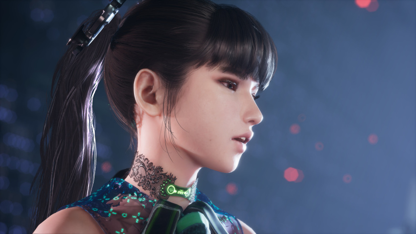 1girls 3d bangs black_hair brown_eyes dark_hair eve_(stellar_blade) female light-skinned_female light_skin long_hair open_mouth planet_diving_suit_(7th)_(stellar_blade) ponytail profile_view realistic solo stellar_blade straight_hair