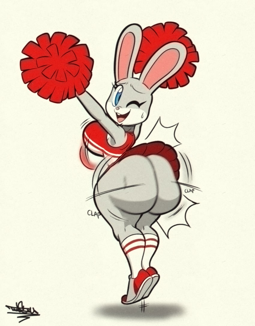 1girls ass ass_clapping big_ass bubble_butt cheerleader cheerleader_uniform clapping_cheeks clothing fat_ass female female_only huge_ass lagomorph large_ass looking_at_viewer looking_back pom_poms rabbit solo tansau thick_ass thick_thighs twerking wide_hips