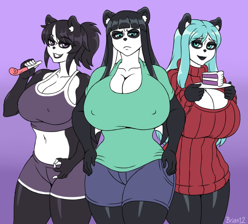 3girls anthro belinda_(skecchiart) blue_eyes breasts briantwelve cleavage cleavage_cutout covered_nipples erect_nipples female female_only furry giant_panda green_eyes green_shirt huge_boobs huge_breasts large_breasts lei_(skecchiart) panda purple_eyes shirt skecchiart thick_thighs vivian_vivi_(skecchiart) voluptuous wide_hips