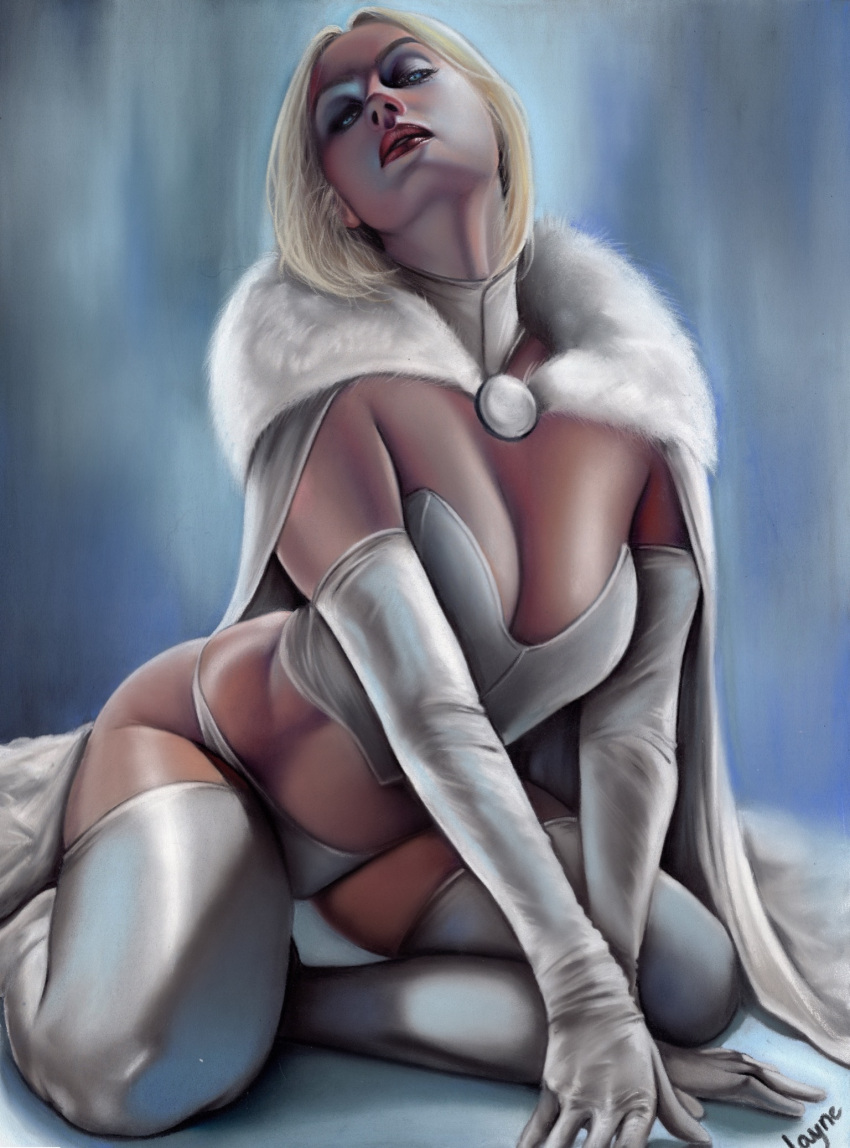 blonde_hair blue_eyes breasts bylayne cape cleavage corset elbow_gloves emma_frost fur_cape hellfire_club huge_breasts marvel marvel_comics panties thick_thighs thighhighs white_queen x-men