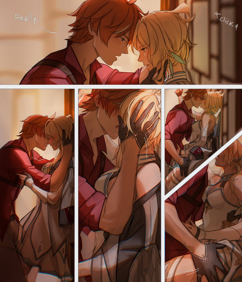 1boy 1boy1girl 1girls blonde_hair childe_(genshin_impact) comic_page dialogue female genshin_impact gloves kissing lumine_(genshin_impact) male male/female passionate red_hair straight tartaglia_(genshin_impact) viria13