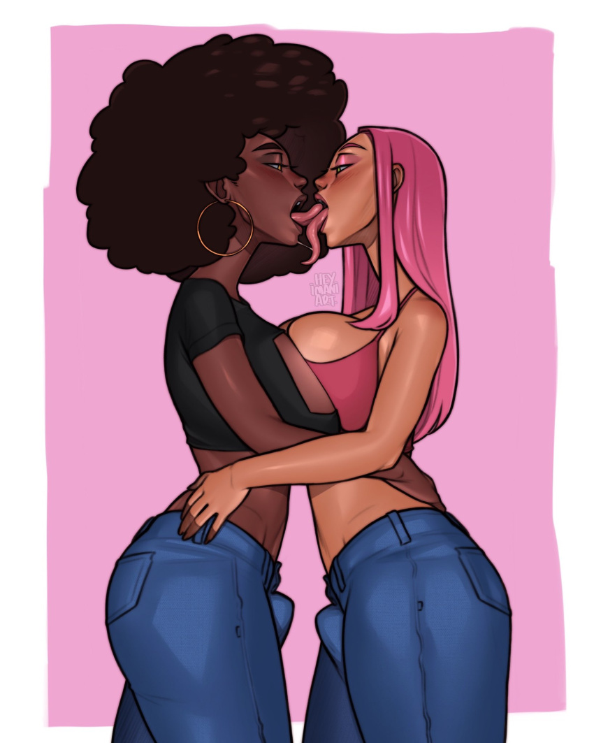 2futas abeni_(dswizz333) afro big_breasts black_hair breasts breasts_to_breasts clothing dark-skinned_futanari dark_skin duo earrings erection_under_clothes fully_clothed futa_on_futa futa_only futanari heyimaniart hi_res hoop_earrings human kissing long_hair long_tongue mostly_nude narrowed_eyes olive_skin open_mouth penis_bulge pink_hair sasha_(dswizz333) side_view standing tan tongue_kiss tongue_out