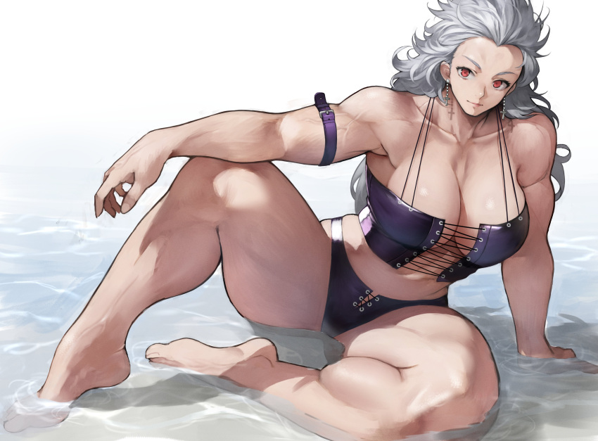 1girls absurd_res arm_belt arm_support armband bare_shoulders barefoot biceps breasts cleavage closed_mouth collarbone corset dorohedoro earrings grey_hair hi_res jewelry large_breasts light_smile long_hair looking_at_viewer messy_hair muscular muscular_arms muscular_female muscular_legs muscular_thighs noi_(dorohedoro) panties partially_submerged purple_panties red_eyes sitting solo spread_legs thick_thighs triceps underwear underwear_only veins water yoshi55level yoshio_(55level)