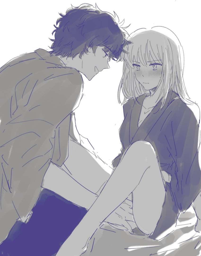 1boy 1girls blush bottomless colored_sketch eye_contact female finger_fuck fingering fingering_partner gintama japanese_clothes long_hair looking_at_another male mutsu_(gintama) restricted_palette sakamoto_tatsuma sitting sketch smile suriran