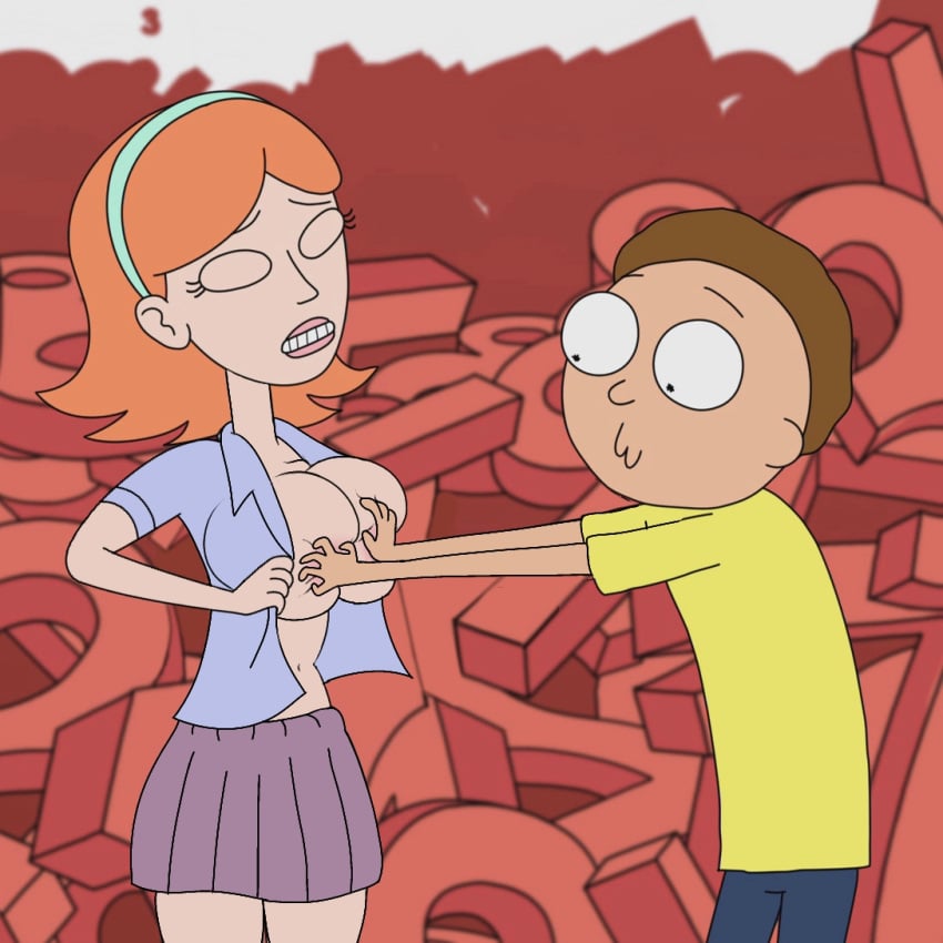 1boy 1girls 2d accurate_art_style adult_swim auta big_breasts blurry_background breast_grab breast_squeeze brown_hair closed_eyes clothing edit female groping headband jessica jessica_(rick_and_morty) male morty_smith open_clothes red_hair rick_and_morty scene skirt squeezing squeezing_breast teenage_girl teenager underage